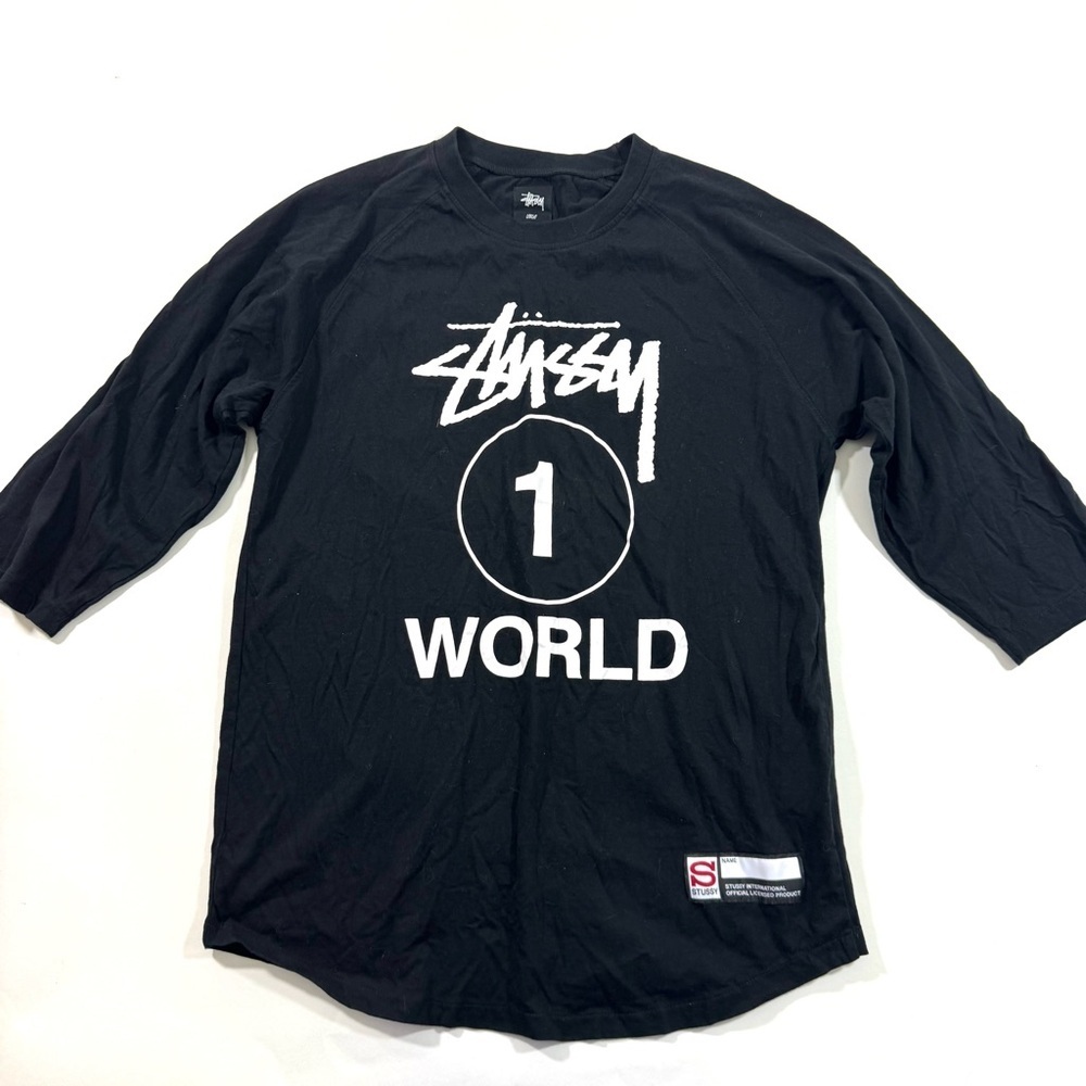 Stussy One World Baseball Raglan Shirt Black Size Large 3/4 Sleeve